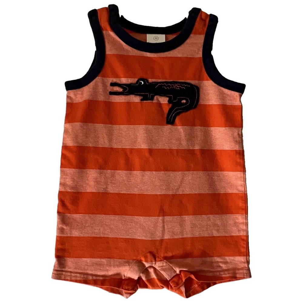 Hanna Andersson Boys Orange Navy Striped Alligator Applique Romper 70 Snap